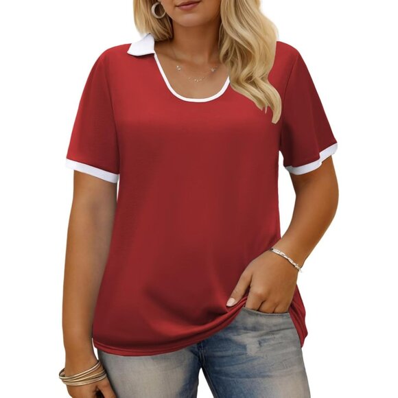 Plus Size Summer Tops Rayon Blend Short Sleeve Polo Collared Blouses - Picture 1 of 5